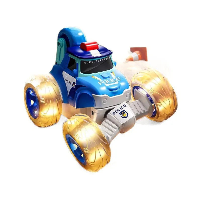 Remote control stunt car for children aged 4-6, plastic four-wheel drive toy with 360° tumbling and lights, blue or red style