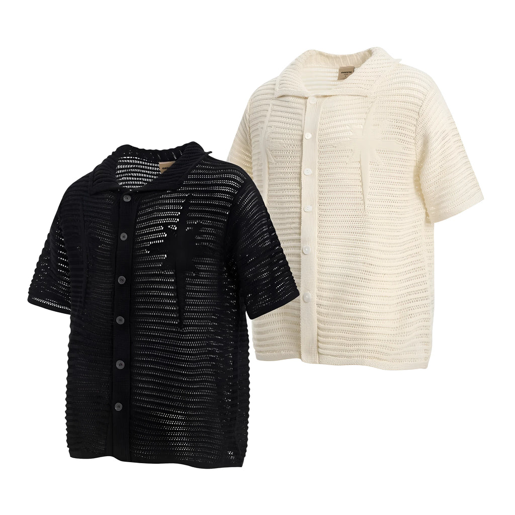 American retro loose cotton short sleeve shirt in apricot and black colours for youth casual wear