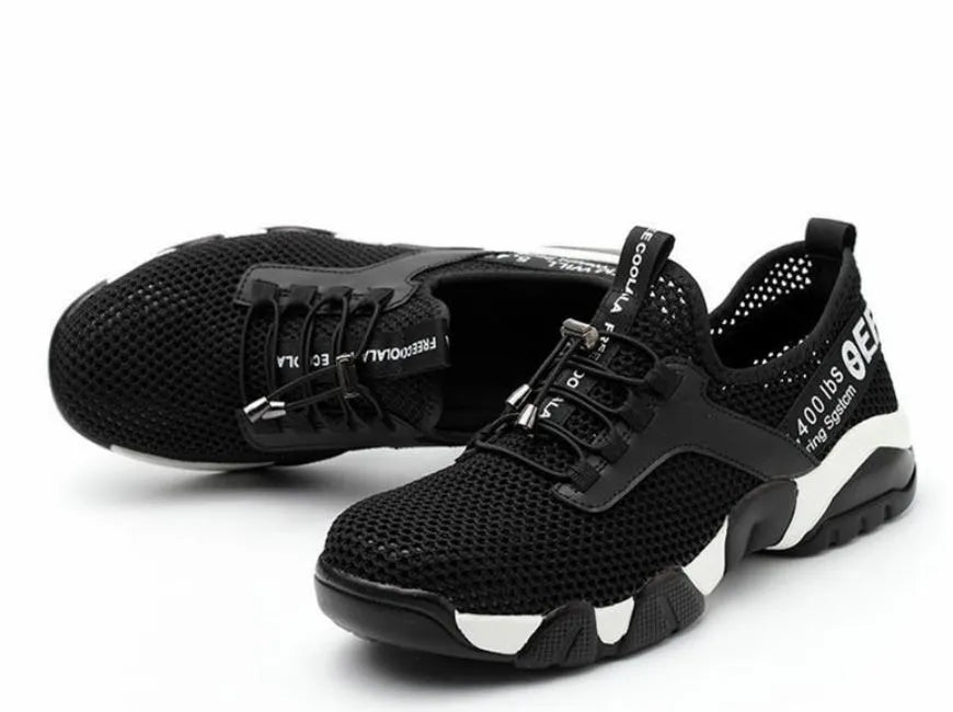 Black breathable mesh work safety shoes with rubber sole, sizes 35 to 48