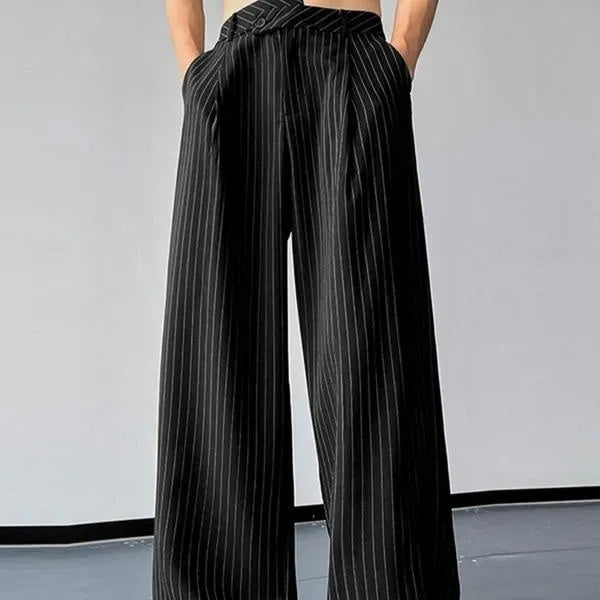 Black men's vertical striped pleated casual trousers showing elastic fabric and rabbit hair bamboo fibre materials