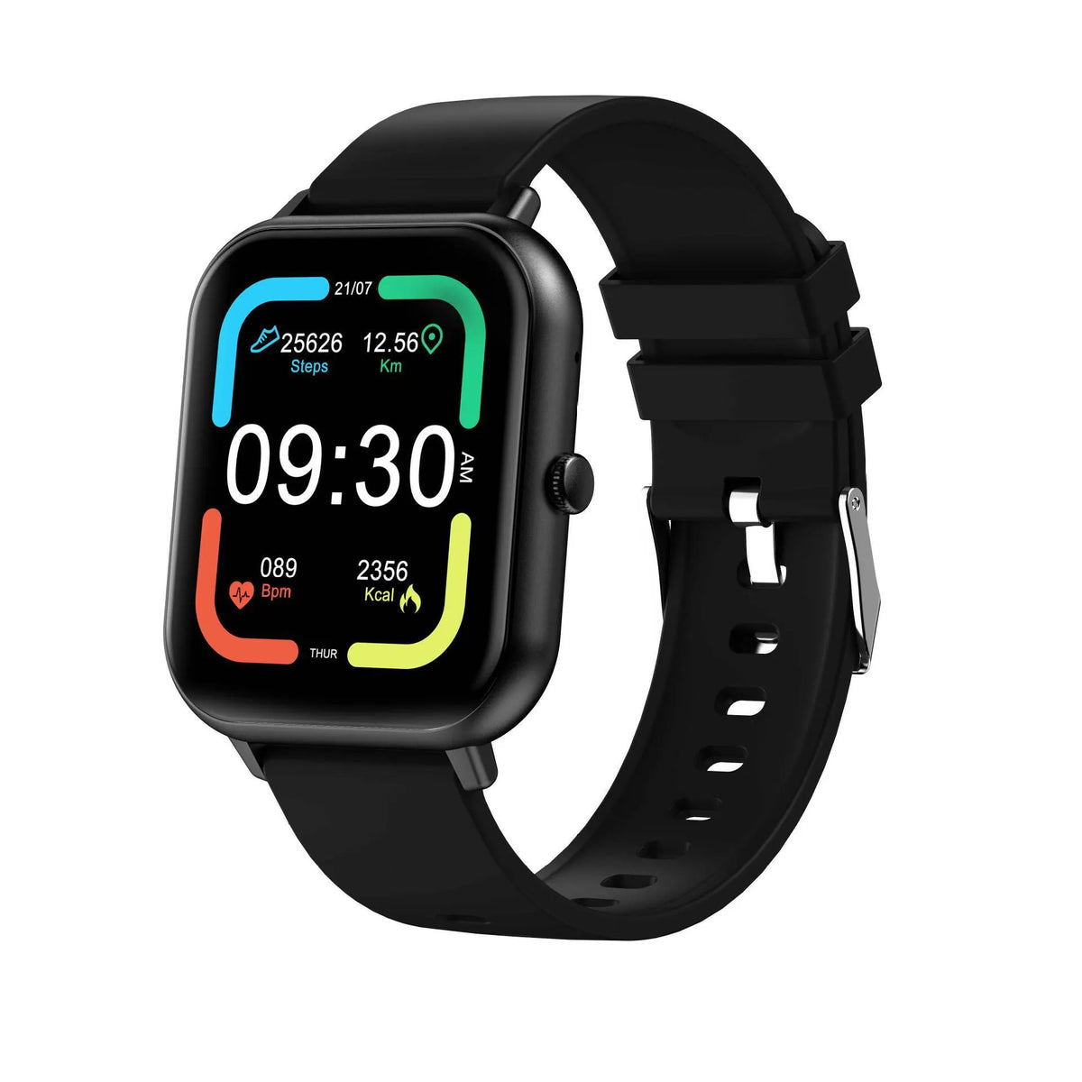 Bluetooth smart watch with touch screen showing heart rate and step count display