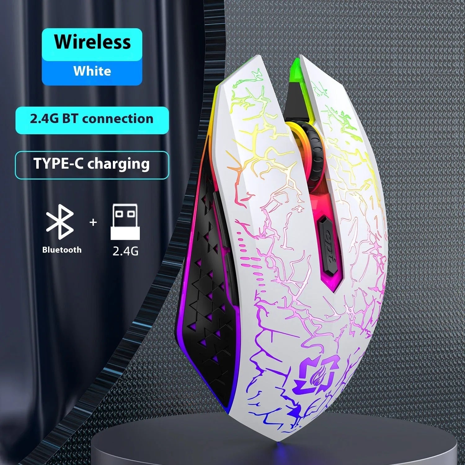 Black and white wireless gaming mouse with luminous breathing light and charging cable