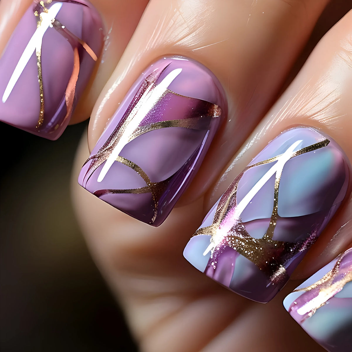 Purple striped nail stickers with European and American style design on medium-length nails