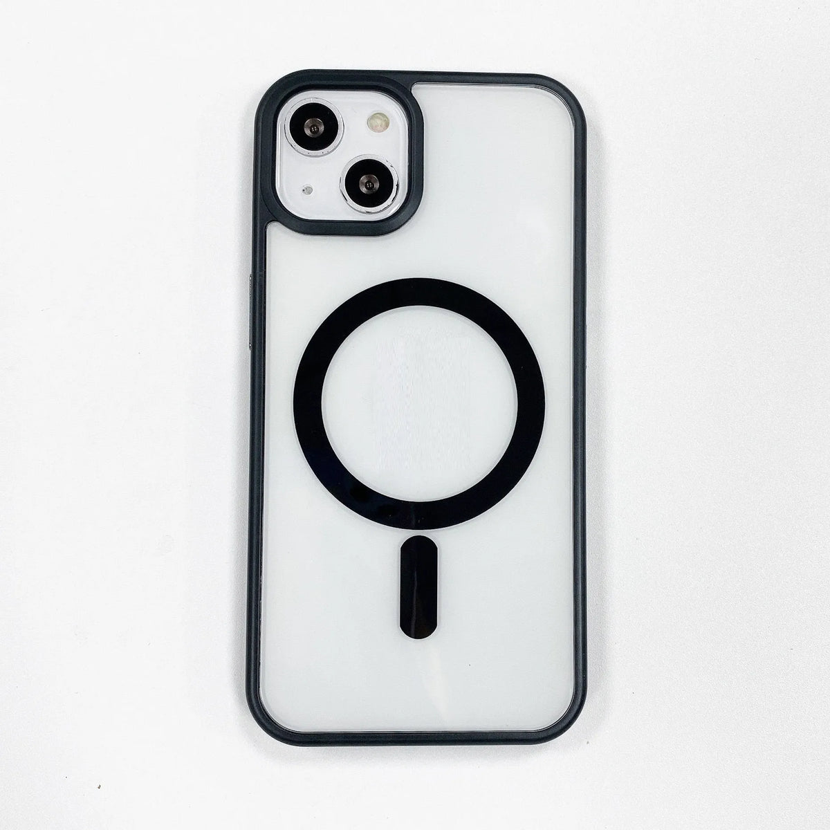 Transparent acrylic MagSafe phone case showing magnetic ring, compatible with iPhone 12 and 13 models