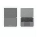 Grey wireless Bluetooth folding keyboard shown both open for use and folded for storage