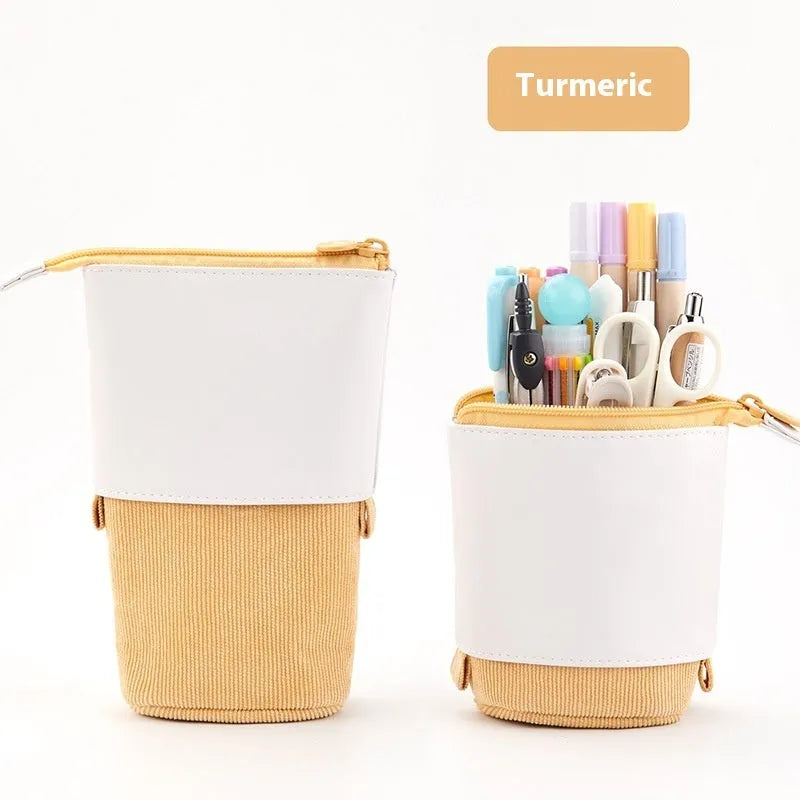 Corduroy telescopic stationery case shown expanded and collapsed in multiple colour options.