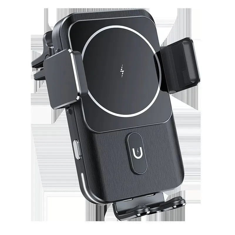 Black car wireless charger phone holder with 15W charging and choice of mounting brackets