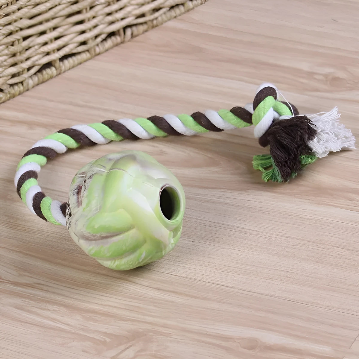 Ball knot dog toy with rubber ball and long rope for tug-of-war, available in Big and Small sizes.