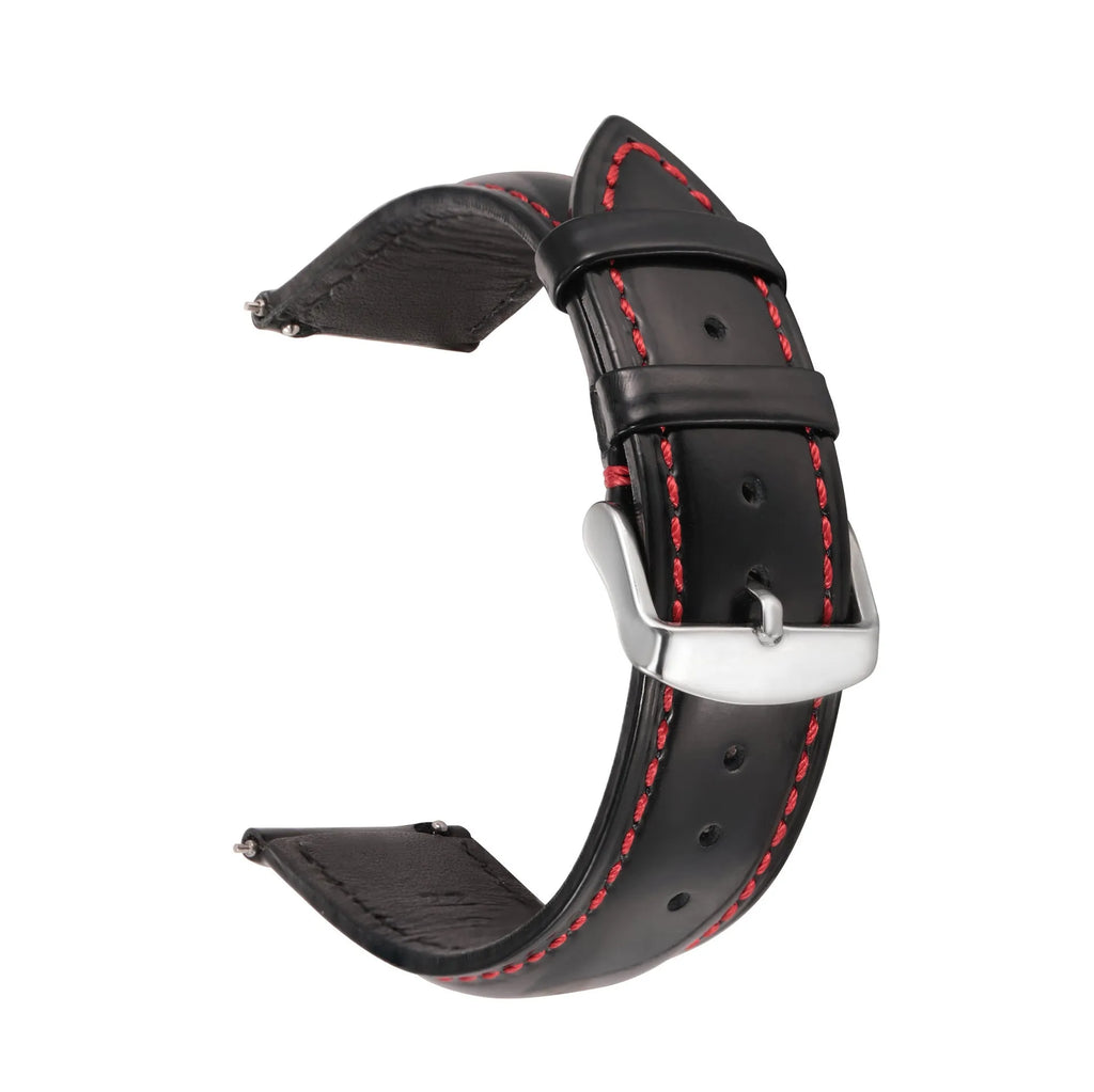 Quick release cowhide leather watch strap in black showing buckle and quick release spring bar mechanism.