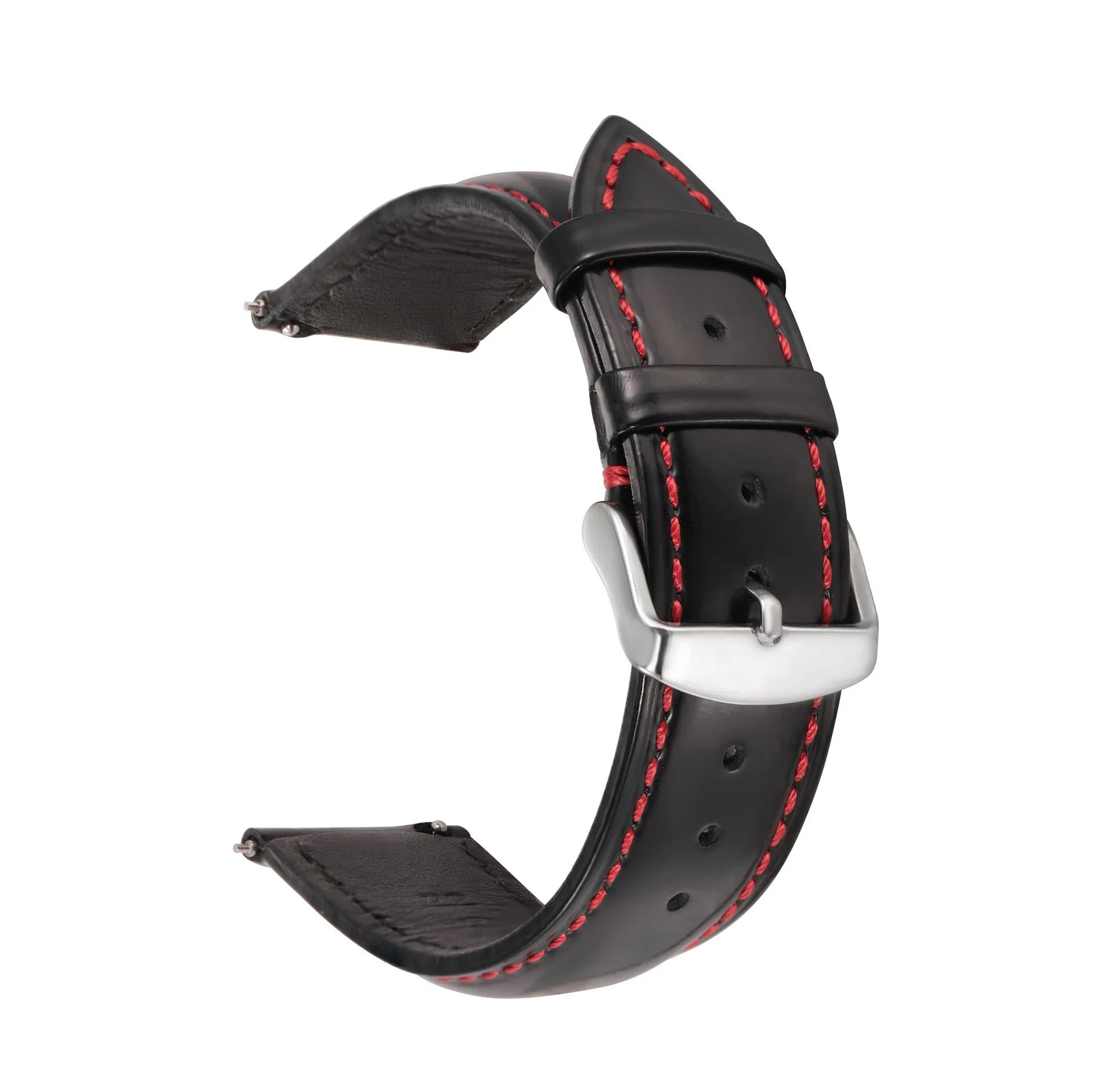 Quick release cowhide leather watch strap in black showing buckle and quick release spring bar mechanism.
