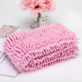 Chenille pet absorbent towel in pink, purple, green, blue or grey, with large 85 x 60 cm, medium 80 x 35 cm and small 60 x 35 cm sizes.