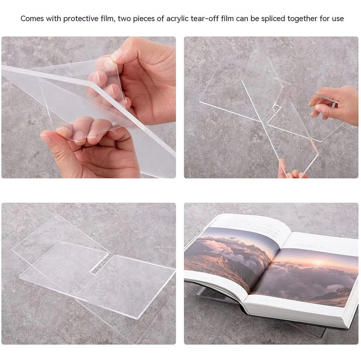 Clear acrylic X-shaped desktop book display rack holding a book.