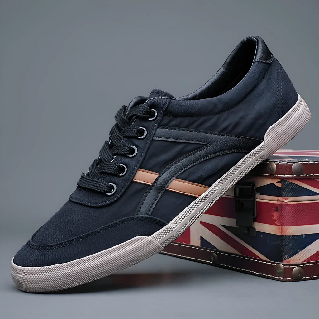 Men's breathable canvas casual shoes, low top flat heel with front lace-up, shown in solid colour options