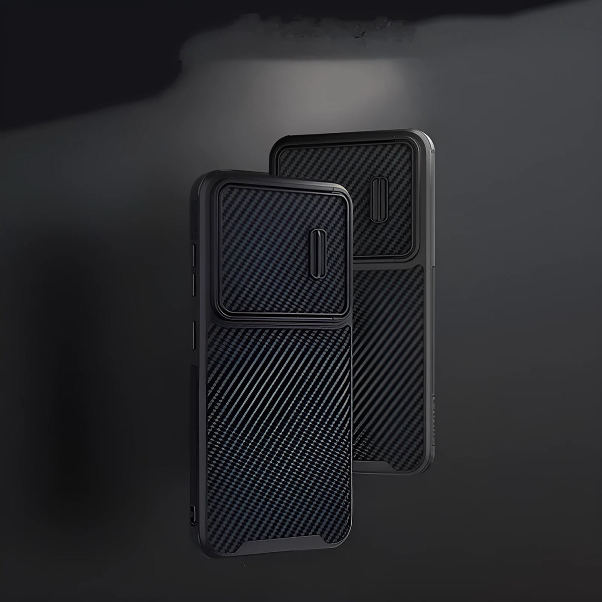 Black Samsung S23 Ultra phone case with a flip-up lens cover protecting the rear cameras.