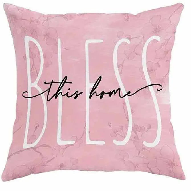 45cm square short velvet cushion cover with detailed cherry blossom and script letter floral print design.
