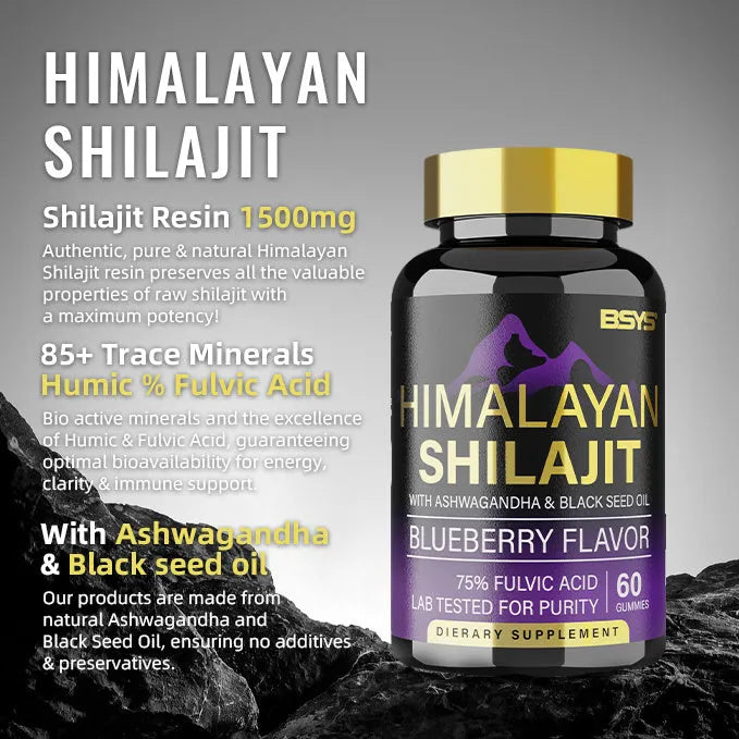 BSYS Shilajit Gummies 60's bottle containing 60 chewable shilajit gummies