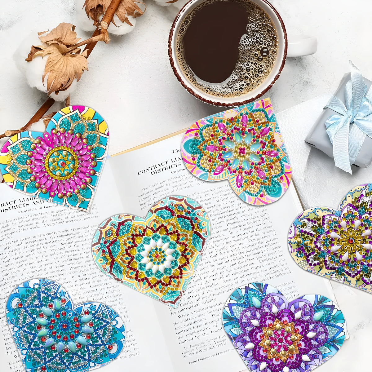 Six handmade PU leather cornerite bookmarks with crystal and floral decoration in a modern style.