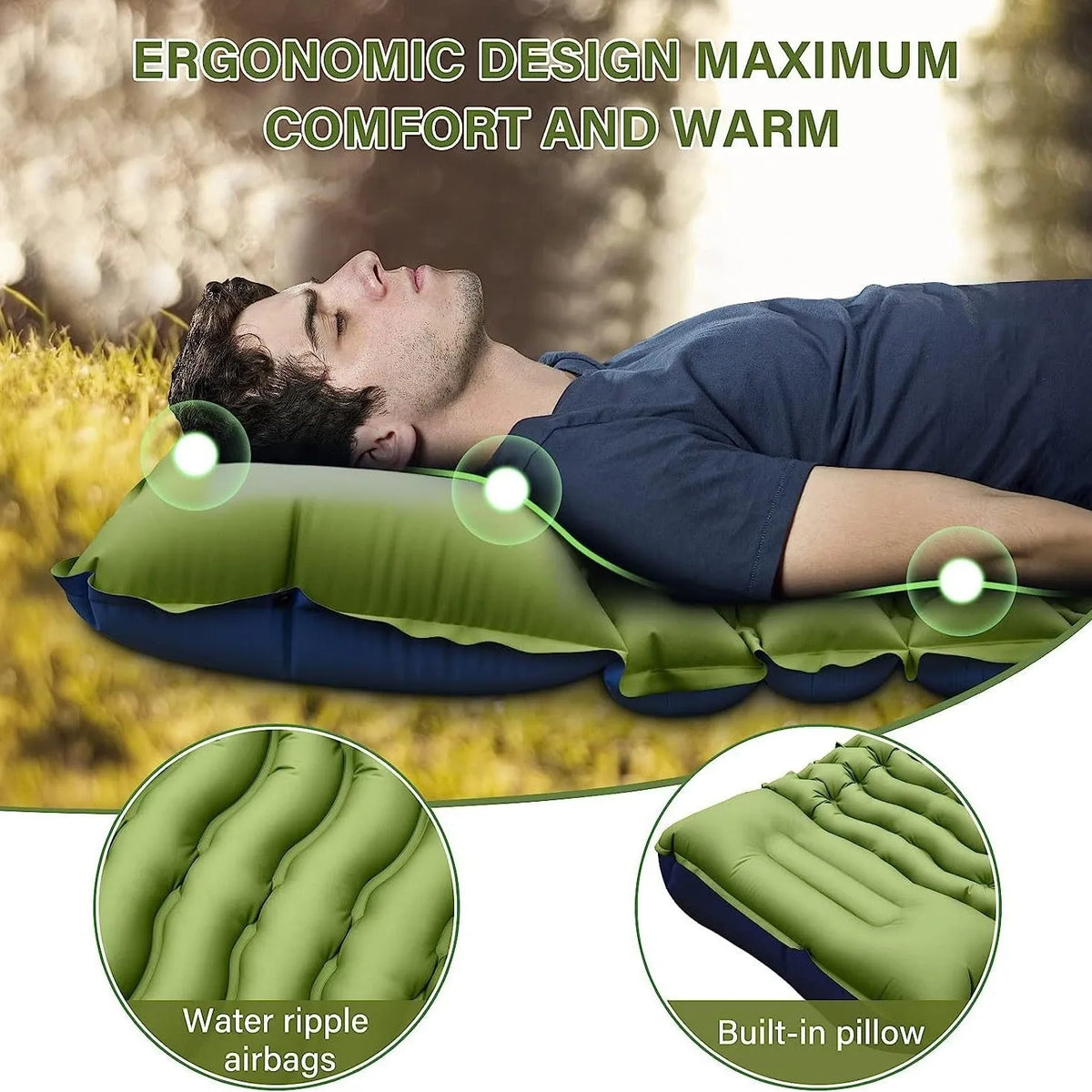 Ultra-light inflatable camping mattress 190x68x10cm in green or grey Chunya spinning composite TPU