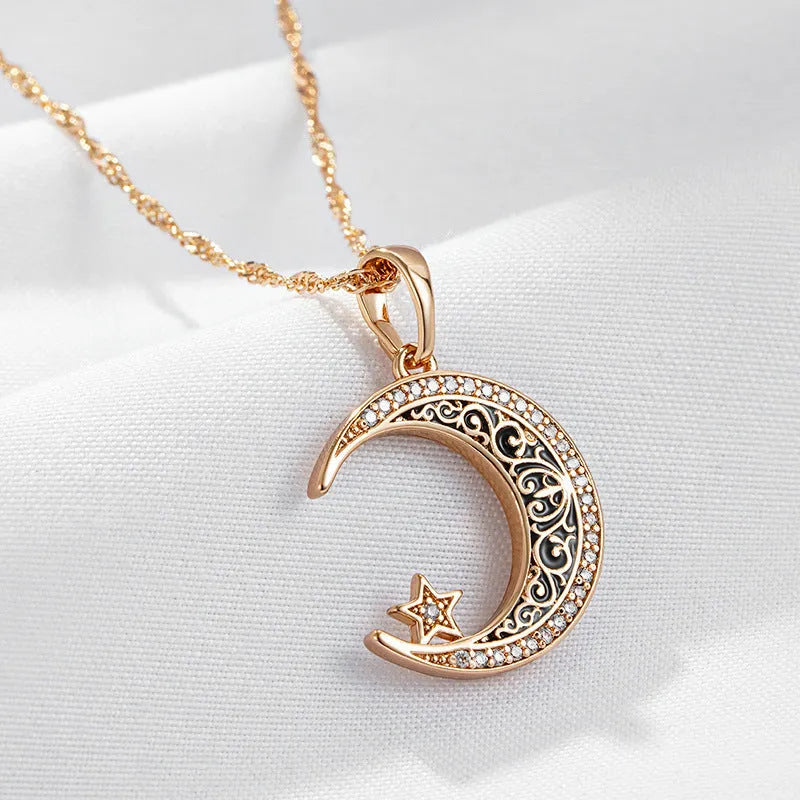 Rose gold star moon necklace with zircon pendant on adjustable water wave chain showing celestial design