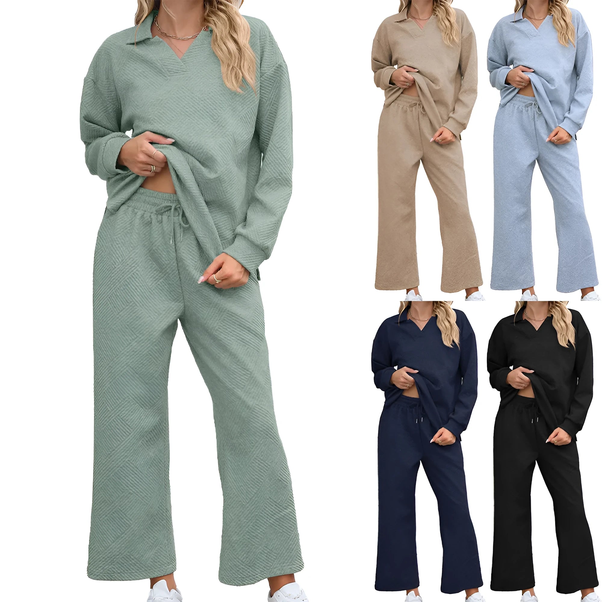 Women's solid colour knitted jacquard sweater and elastic waist cropped pants suit set with geometric pattern.
