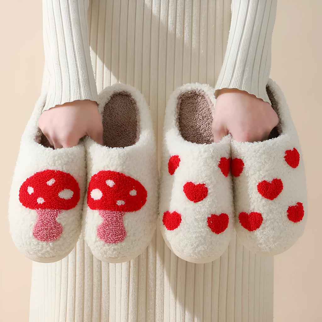 Women's plush cartoon love style home slippers with non-slip PVC sole in Big Love design