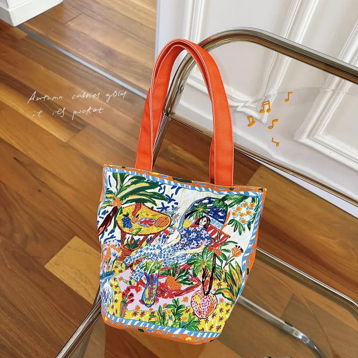 Thailand artistic bucket bag in Dream Garden orange plush with double straps and canvas lining
