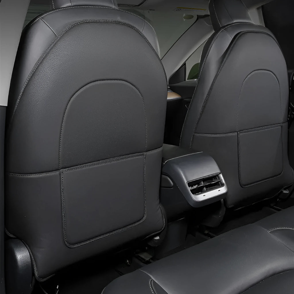 Two black leather motorcycle anti-kick pads for rear seat dirt protection