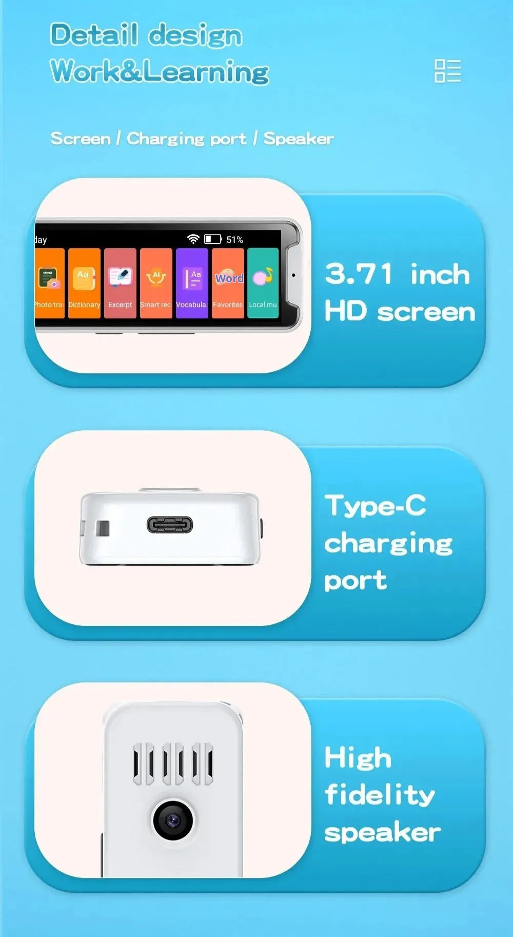 Multi-language scanning pen with 3.38in screen, ABS body, 148x36x15mm, offline Arabic model, with silicone cover.