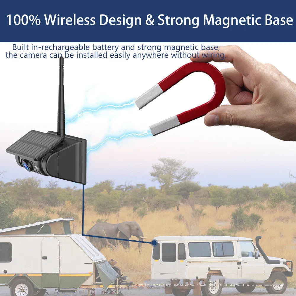 YL-Solar WF908 wireless solar charging camera with aluminium alloy shell and magnet mount for vehicles.
