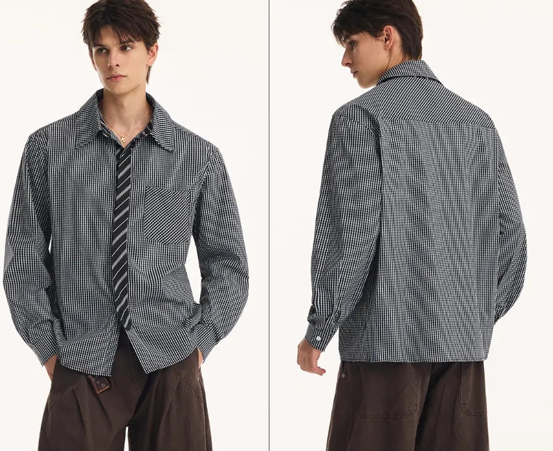 Men's fake two-piece tie shirt, long sleeve, loose fit, black or blue, cotton blend, non-ironing, autumn top
