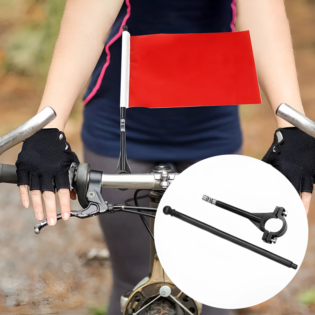 A square polyester fabric flag on a plastic handlebar flag pole for bikes and cars.