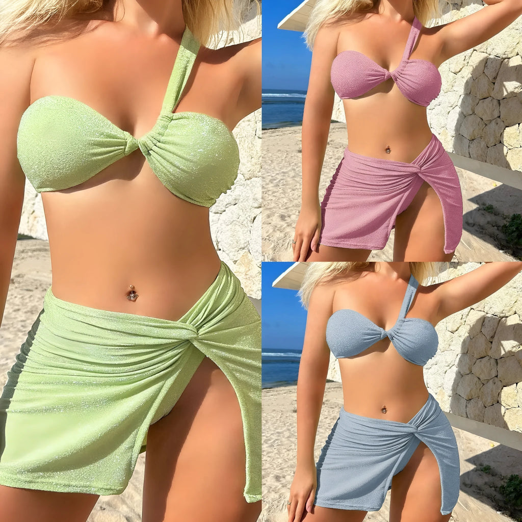 Women's light green one-shoulder tube top swimsuit with matching pants and skirt
