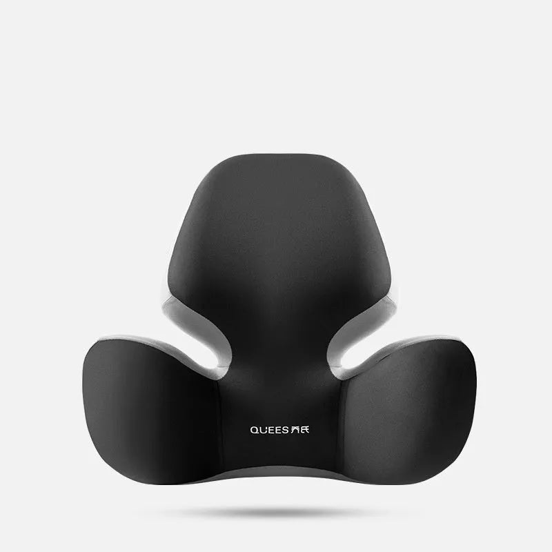 Black grey memory foam automotive lumbar support pillow and headrest on a car seat.