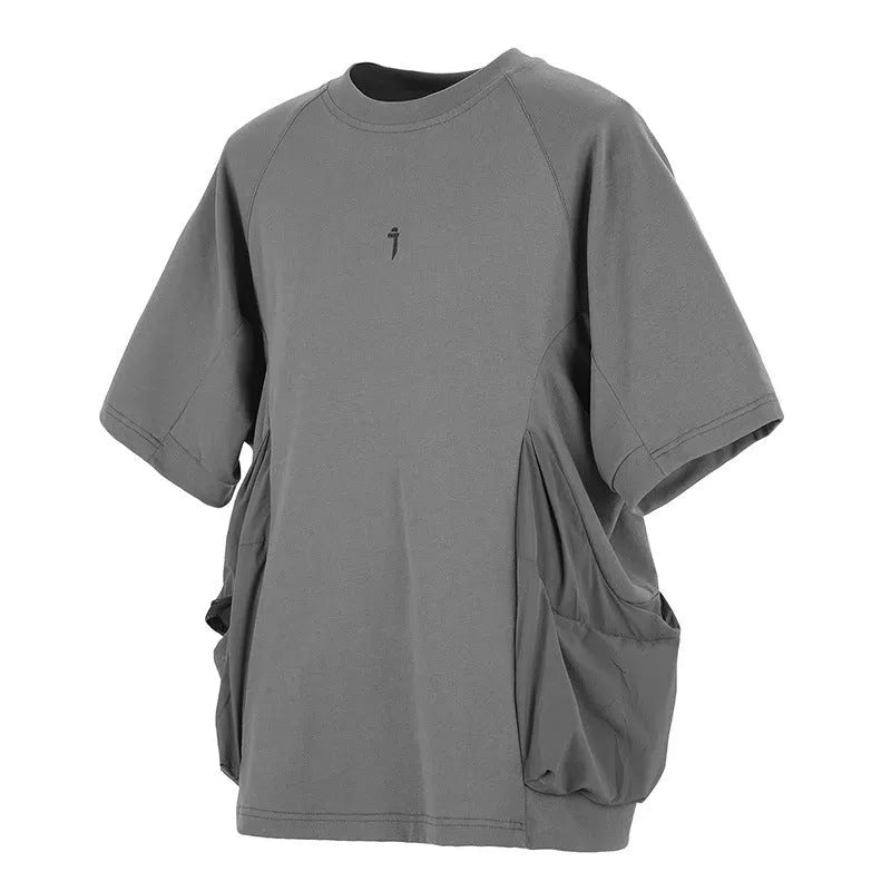 Men's loose cotton T-shirt with big pocket and short sleeves in black colour