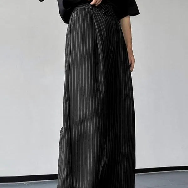 Black men's vertical striped pleated casual trousers showing elastic fabric and rabbit hair bamboo fibre materials