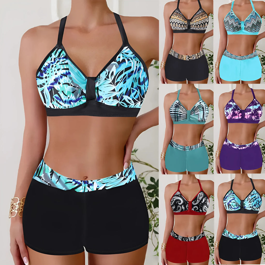 Women's halter bikini set, printed polyester swimsuit with top and shorts, six colours, sizes S to 5XL