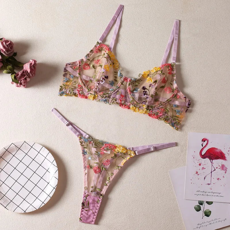 Floral pattern mesh bra and underwear set with T-back straps and 3/4 cups.