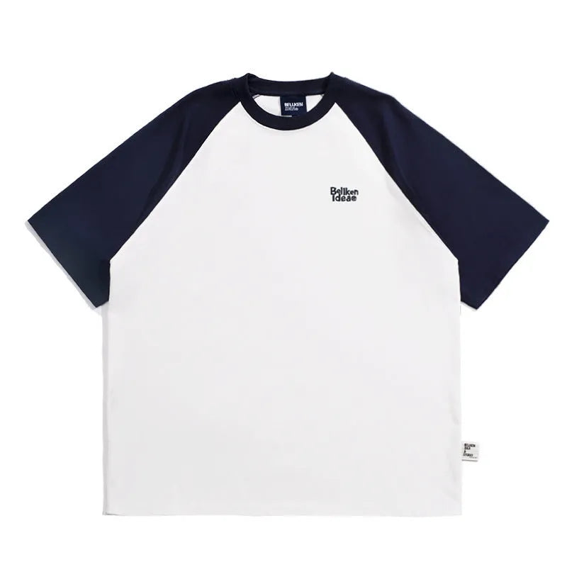 Men's casual blue raglan sleeve t-shirt with Japanese junior style pattern design loose fit