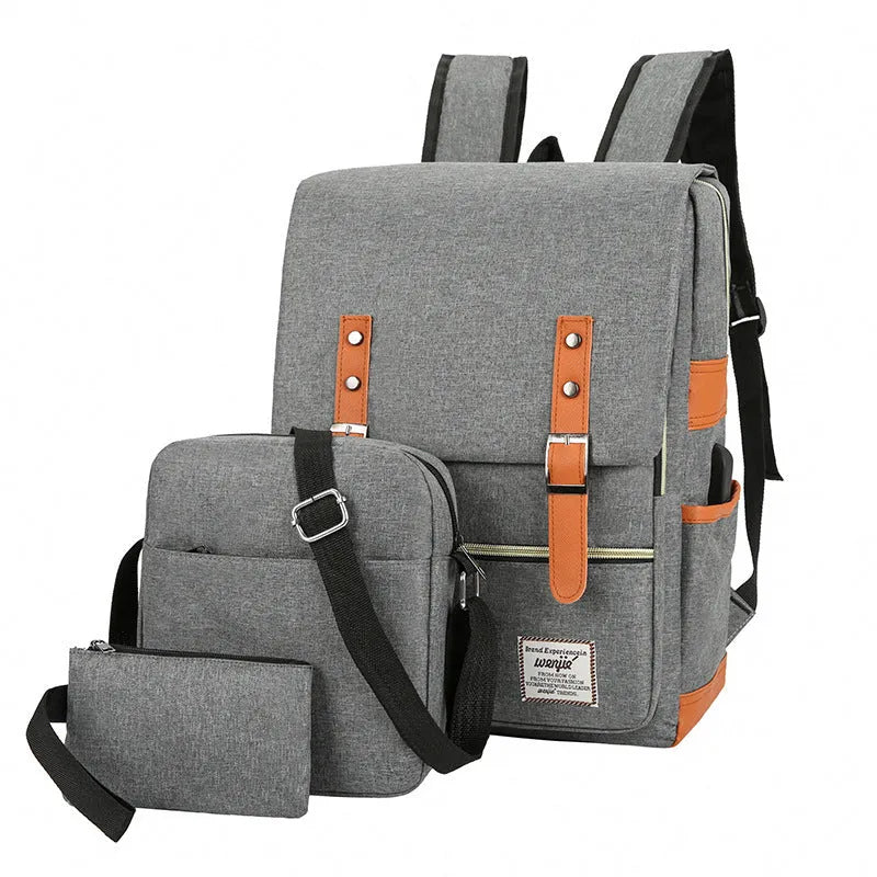 Three-piece business backpack set in Oxford cloth with curved shoulder straps, shown in wine red colour