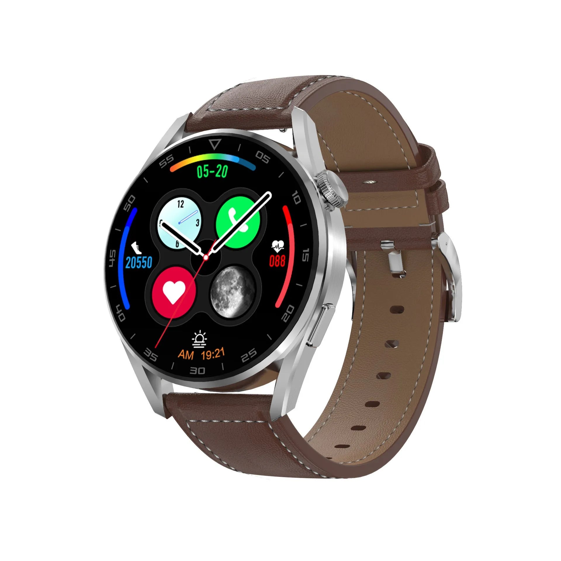 1.3 inch Bluetooth smart watch with metal strap showing call and QR scan features on display