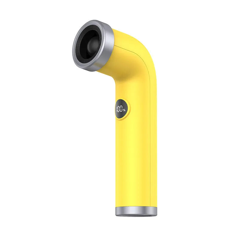 Bladeless portable fan in apricot colour with lithium battery and power cord