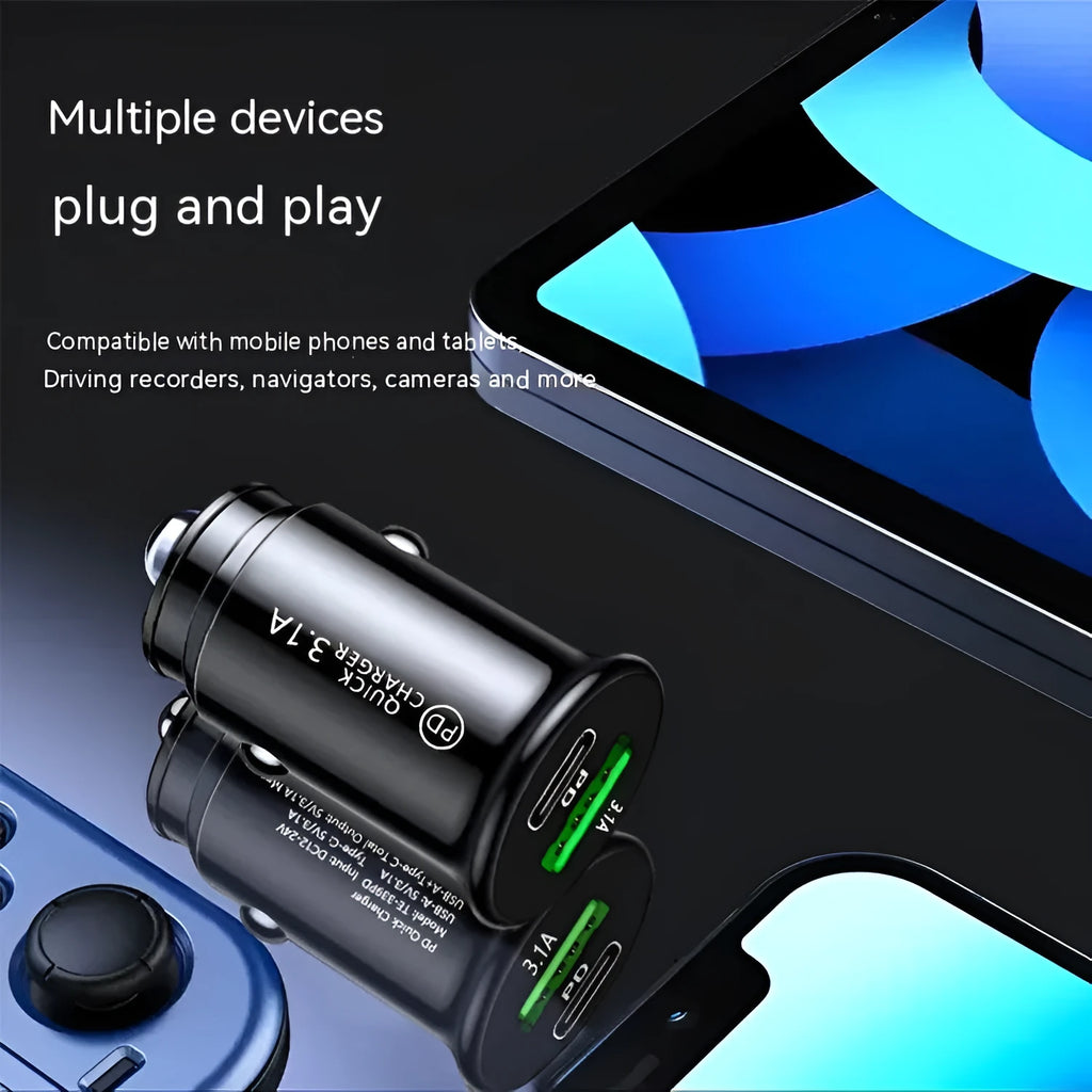 Black and white dual USB car charger with USB-A and USB-C ports for vehicle cigarette lighter socket.