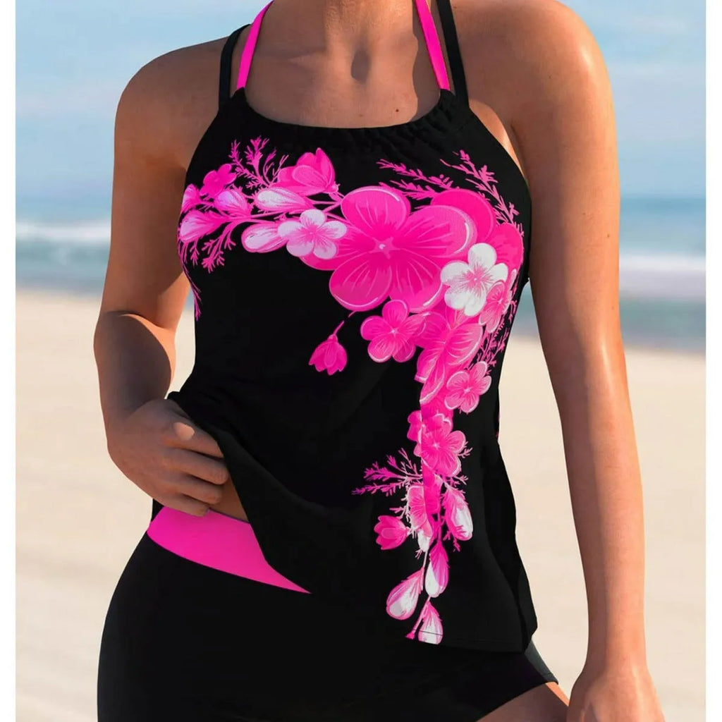 Plus size solid colour stitching bikini swimsuit in rose red, purple, orange or peacock blue, sizes S to 5XL, polyester sleeveless briefs style.
