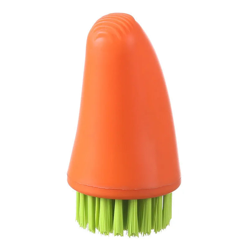 Carrot-shaped nylon cleaning brush in orange colour with radish pattern design