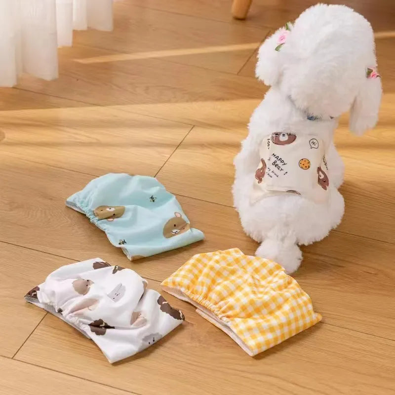 Reusable male dog diaper belly band in cartoon bone paw print pattern with fastener tape