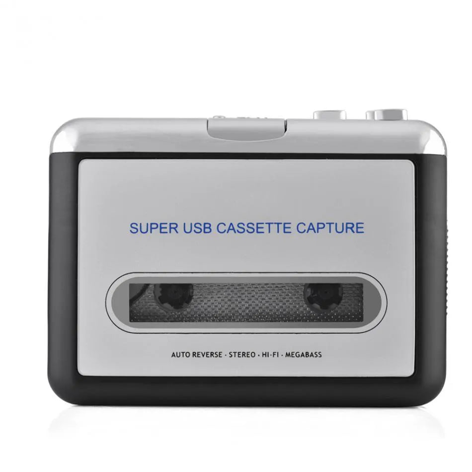 Silver USB cassette to MP3 converter unit with USB cable for converting tapes to digital audio files