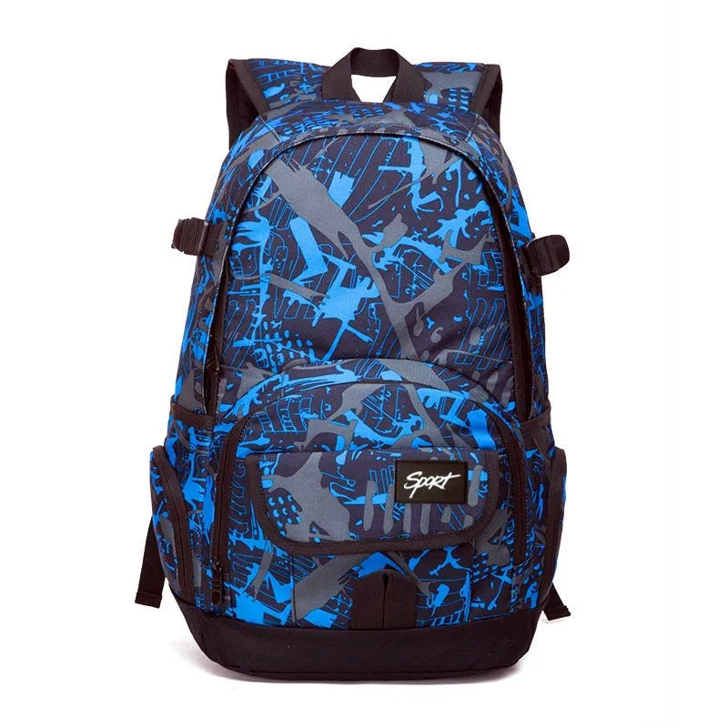 Classic blue nylon backpack with large capacity and multiple compartments