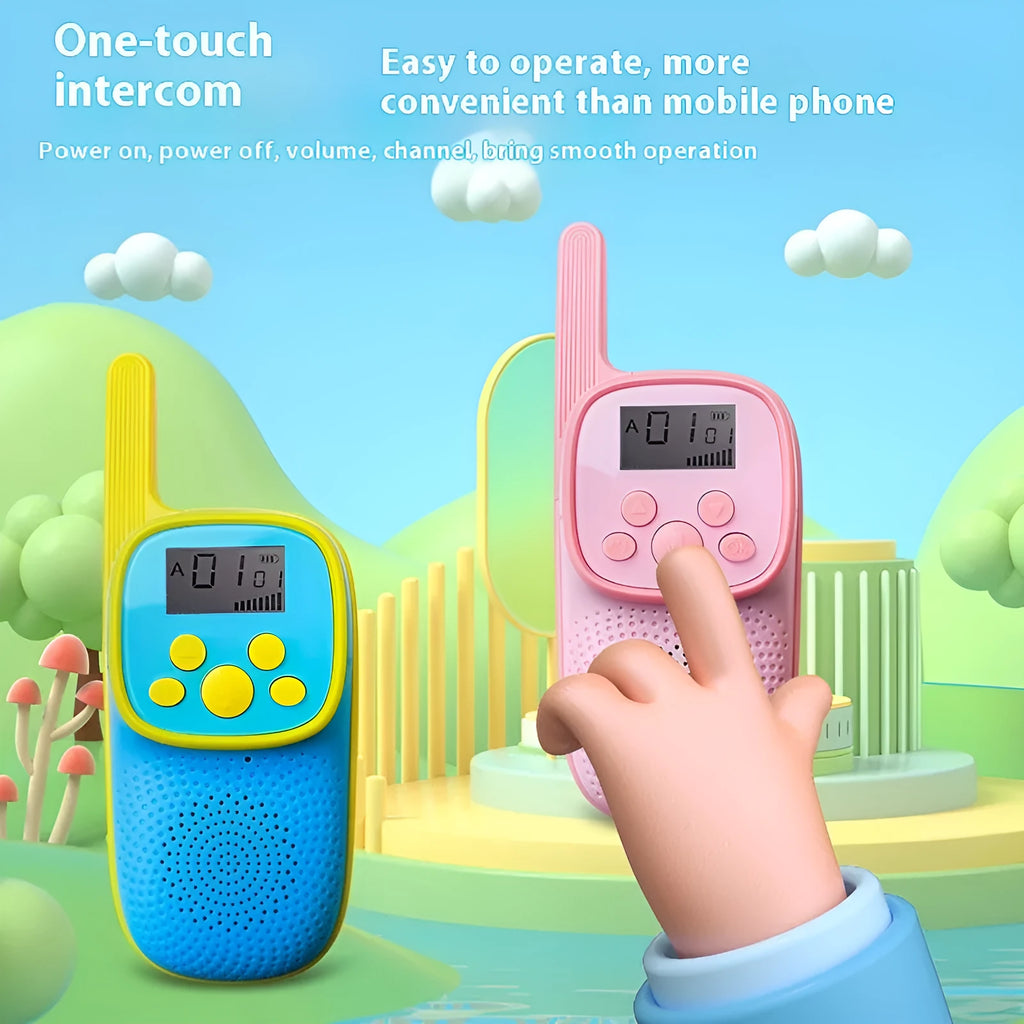 Wireless cartoon children's walkie-talkie toy pair in pink and blue with non-slip grip, hanging ropes, and packaging box
