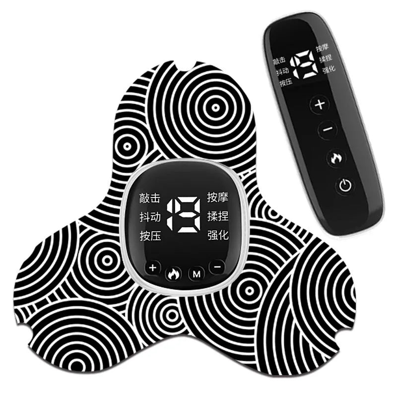 Portable shoulder neck massager with remote control, 6 modes, black and white pattern, with patch and hot massage stick.