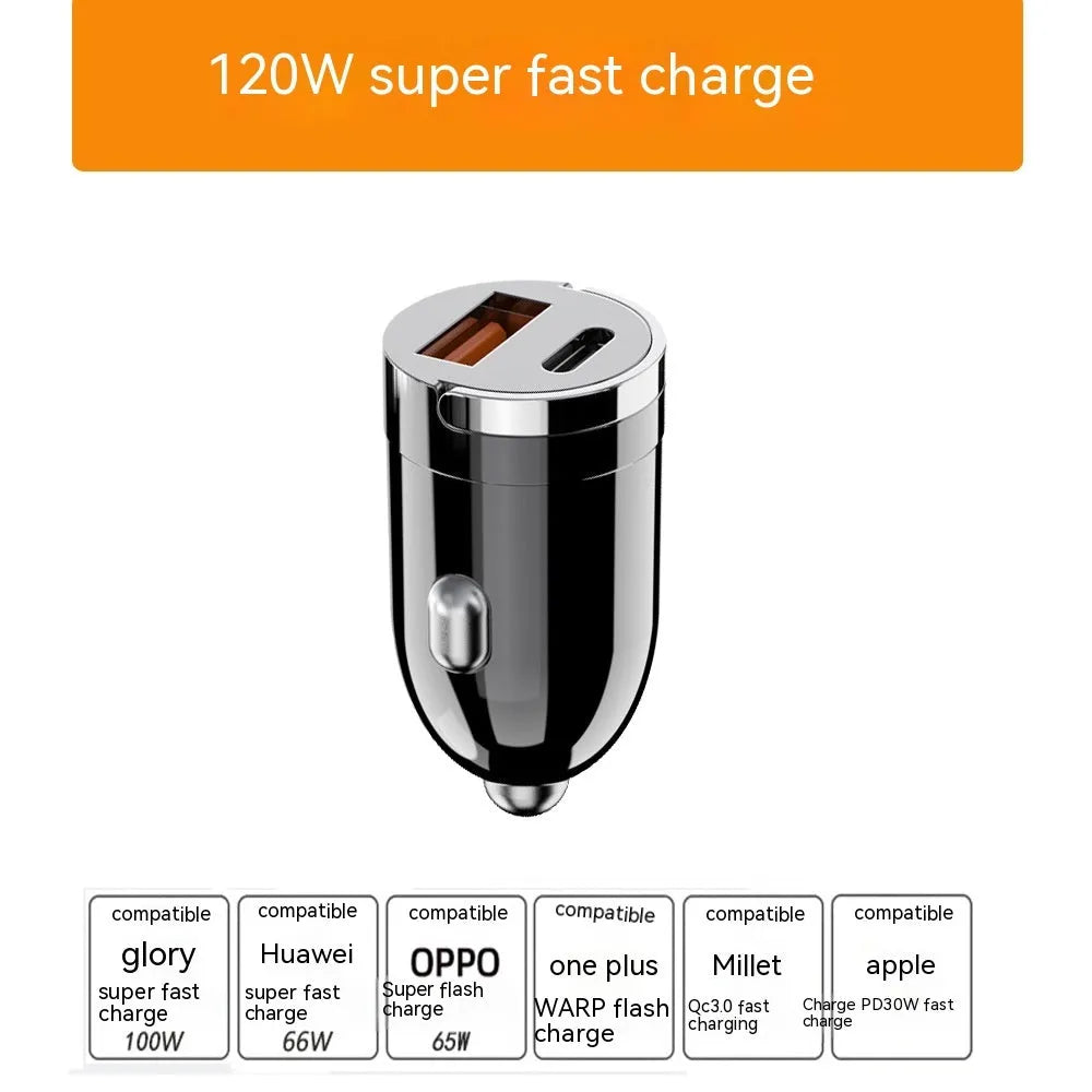 Black zinc alloy car charger with 200W super fast charging capability and compact 38mm design